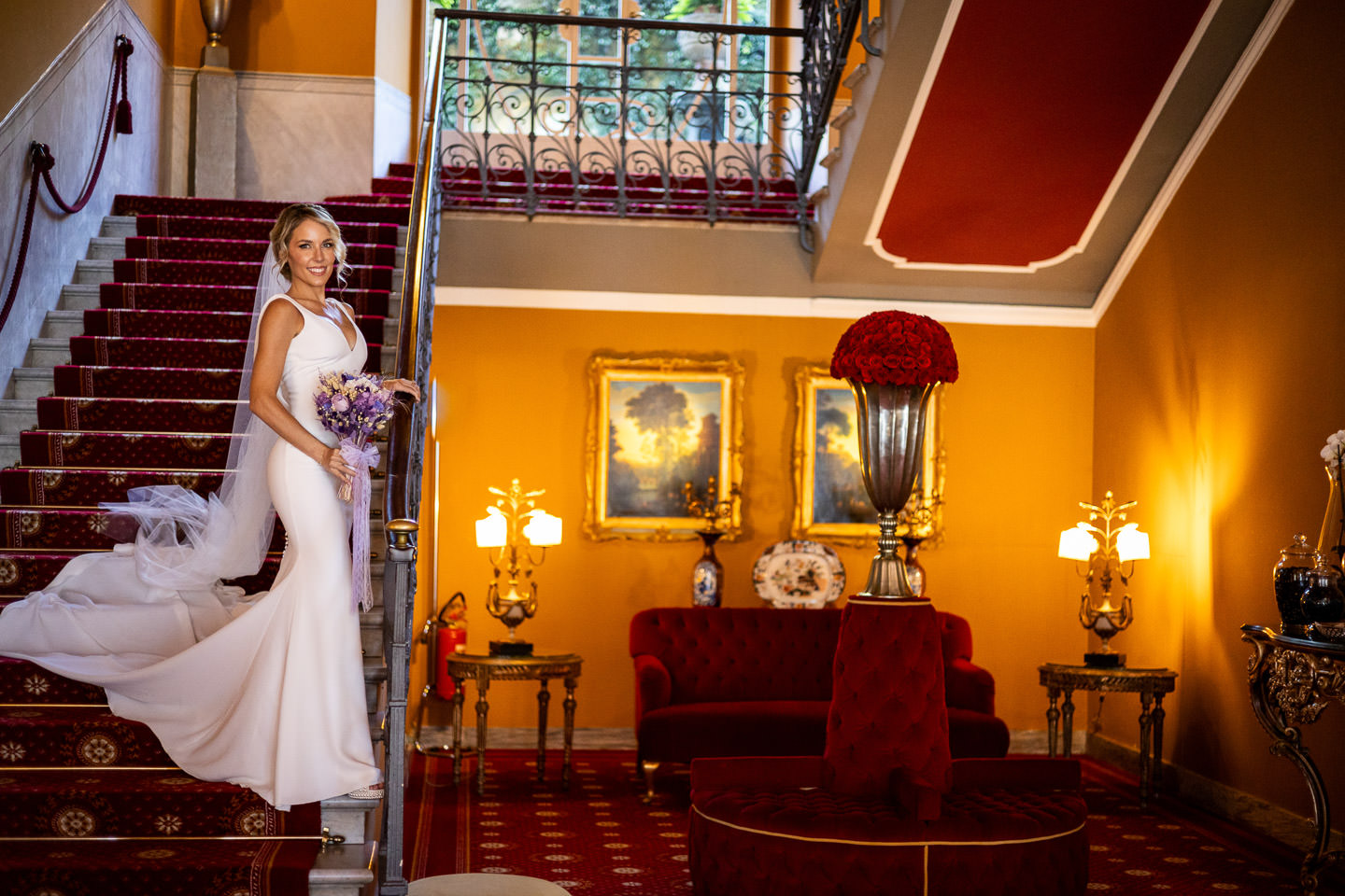 bride on stairs hotel tremezzo como